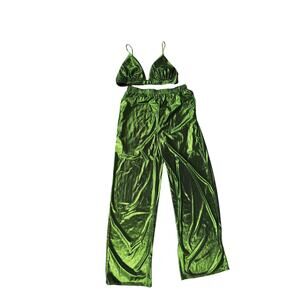 RIVIR Metallic Green 2 Piece Set High Waist Wide Leg Pants & Bralette Top S/M